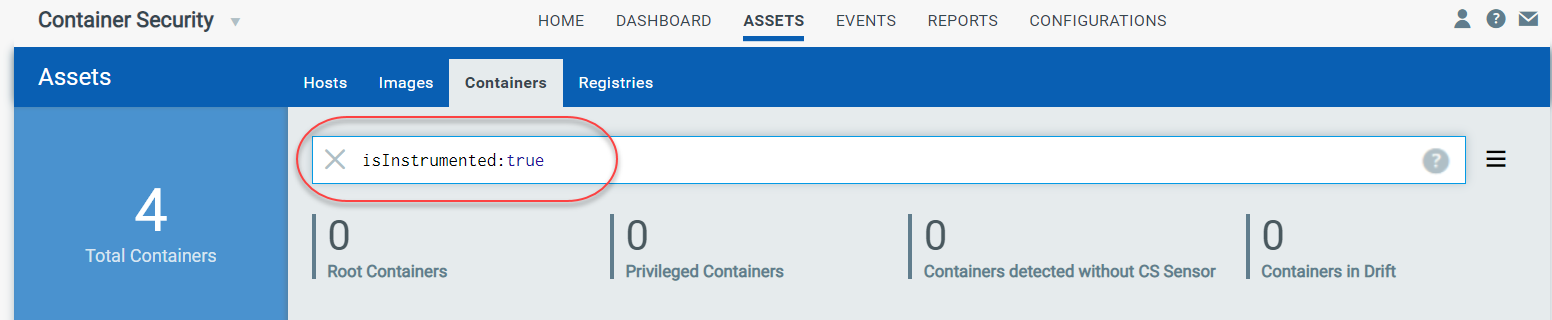 Search containers using isinstrumented token