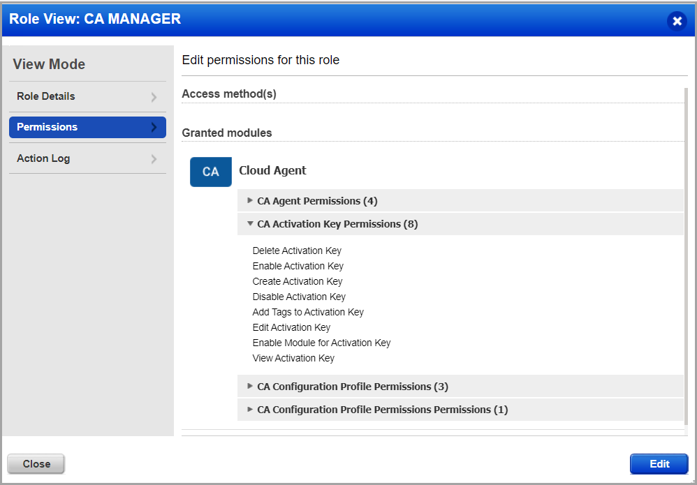 Role view with granted modules.