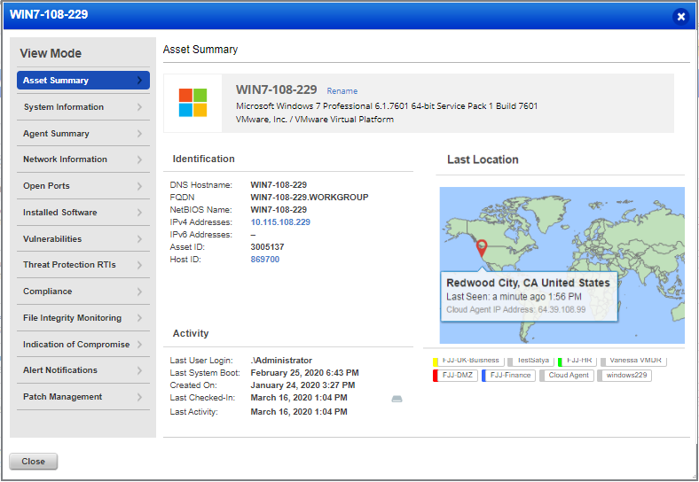 Asset summary with last location.