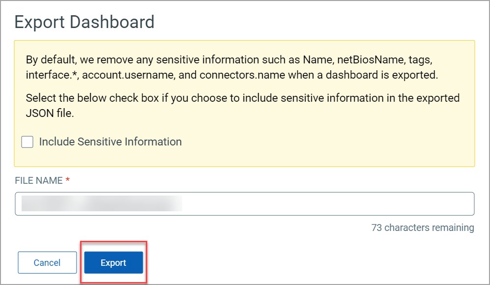 Export dashboard window