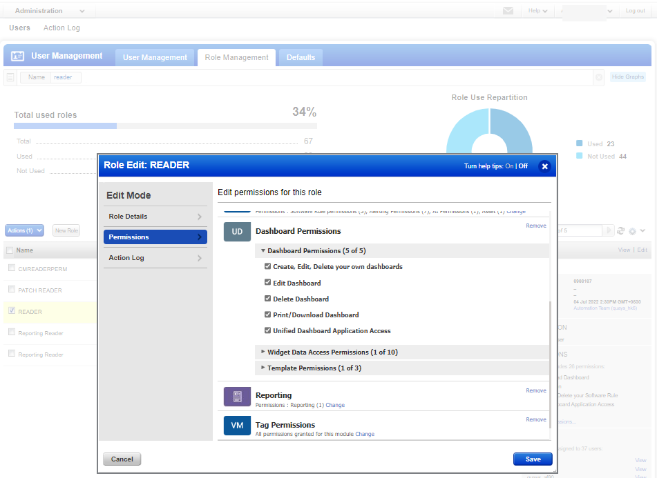 Dashboard permissions in admin utility