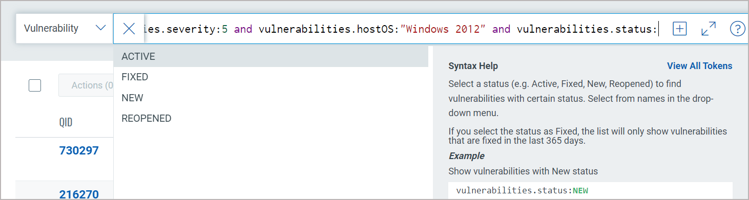 Token options for vulnerability status and you can choose from the options displayed to complete your search query.