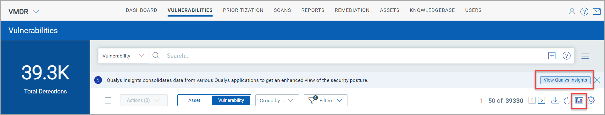 Qualys Insights and Toggle Graph button in Vulnerabilites tab