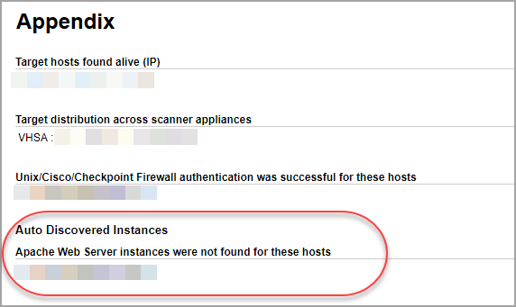 appendix section of scan results showing hosts with no running instances