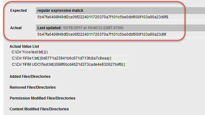 Sample report with Directory Integrity Check - Expected and Actual values match (Pass)