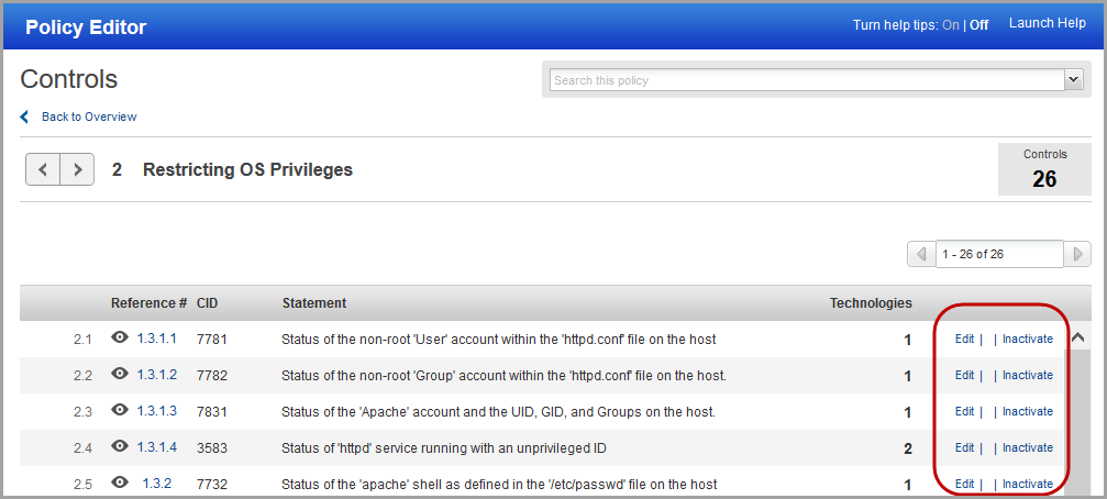 View controls in CIS policy and take actions like Edit and Inactivate