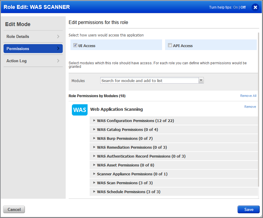 Permissions section in Role Edit