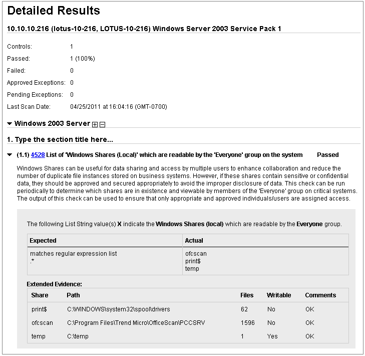 Extended Evidence section in Sample Compliance Policy Report listing Windows shares